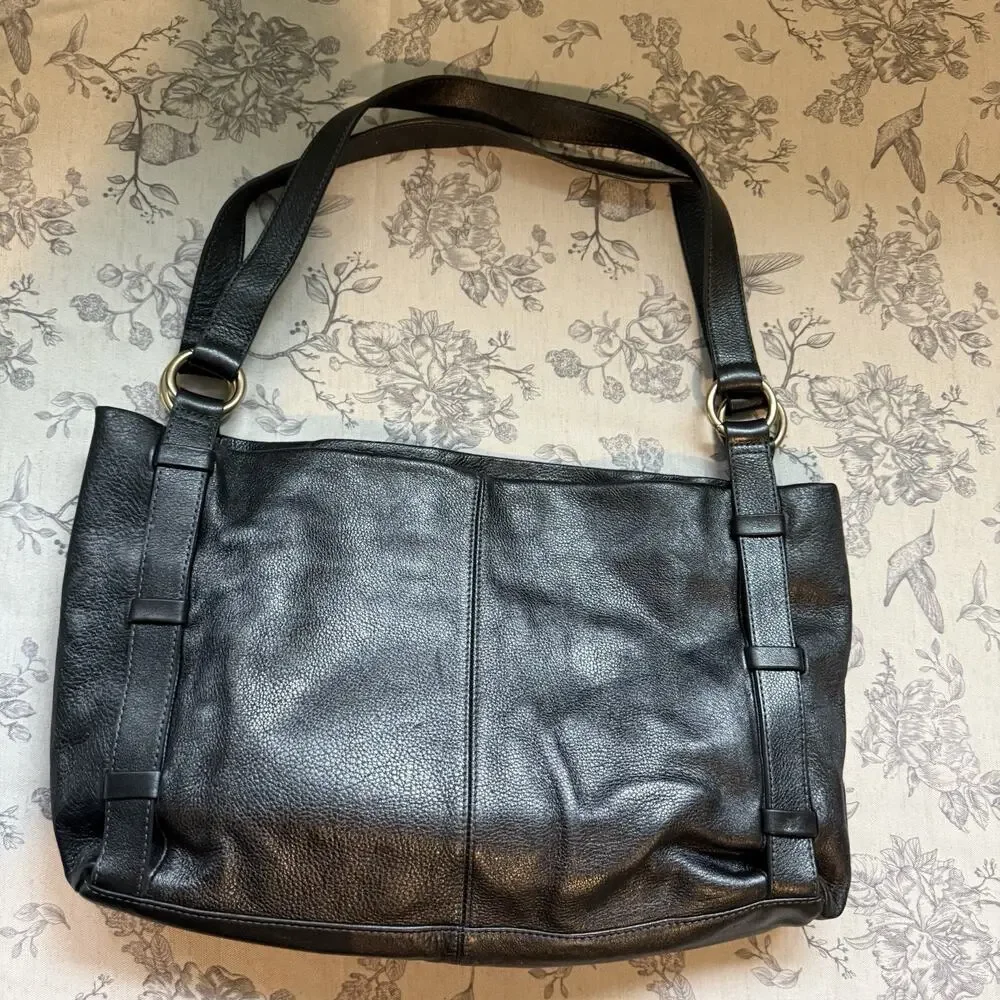 Vtg Hobo International Black Pebbled Leather Shoulder Handbag Purse O-Ring New